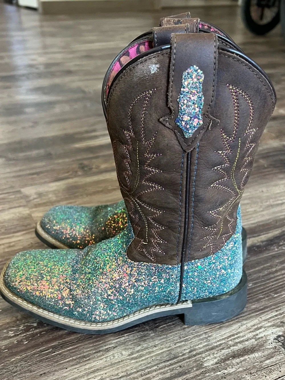 Girls Teal Glitter & Brown Western Boots - Stylish Pull-On